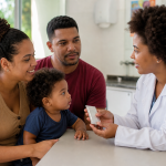 Profissional de saúde orienta família sobre suplemento nutricional para crianças atendidas pelo NutriSUS