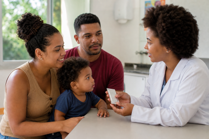 Profissional de saúde orienta família sobre suplemento nutricional para crianças atendidas pelo NutriSUS