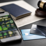 Celular com tela de apostas desfocada ao lado de cartões bancários e documentos oficiais, sem textos ou números legíveis