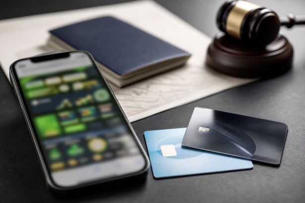 Celular com tela de apostas desfocada ao lado de cartões bancários e documentos oficiais, sem textos ou números legíveis