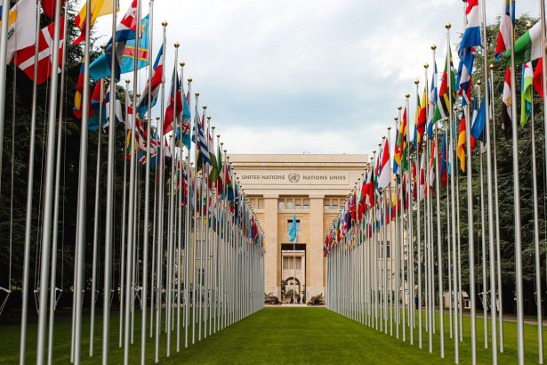 Bandeiras de diversos países em frente à entrada da sede da ONU em Genebra.