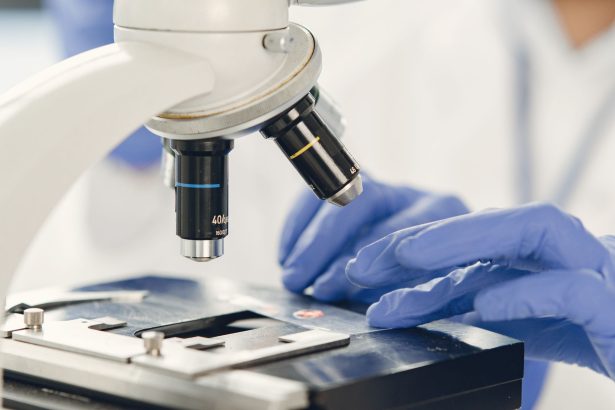 Cientista examina uma amostra ao microscópio em um laboratório.