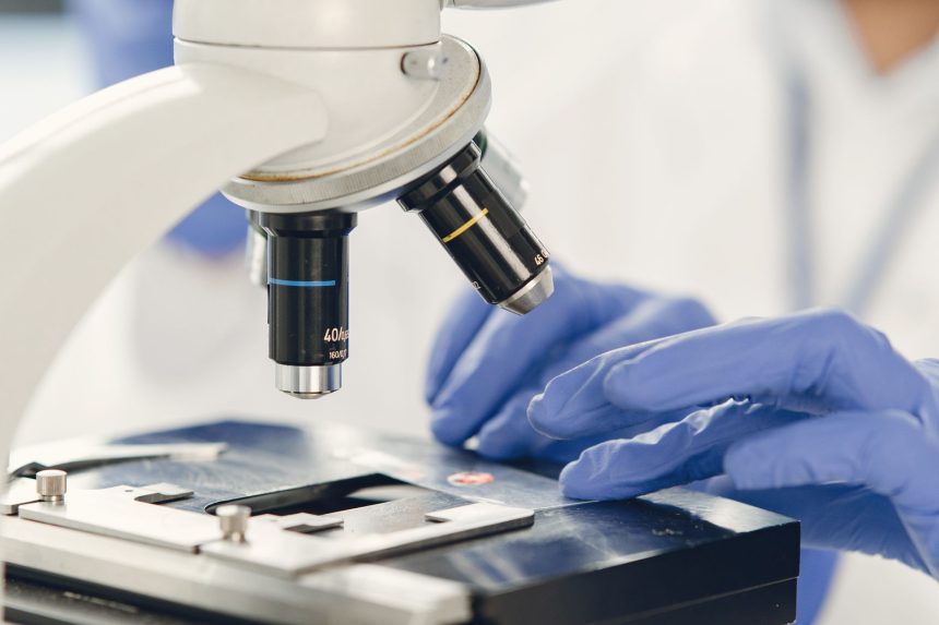 Cientista examina uma amostra ao microscópio em um laboratório.
